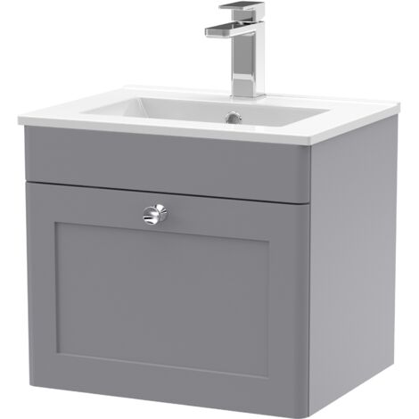 Nuie Classique Satin Grey 500mm Wall Hung Single Drawer Vanity Unit and 18mm Profile Basin - CLC291C