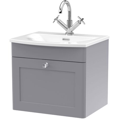 Nuie Classique Satin Grey 500mm Wall Hung Single Drawer Vanity Unit and 30mm Profile Curved Basin - CLC291J