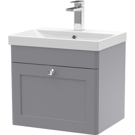 Nuie Classique Satin Grey 500mm Wall Hung Single Drawer Vanity Unit and 50mm Profile Basin - CLC291E