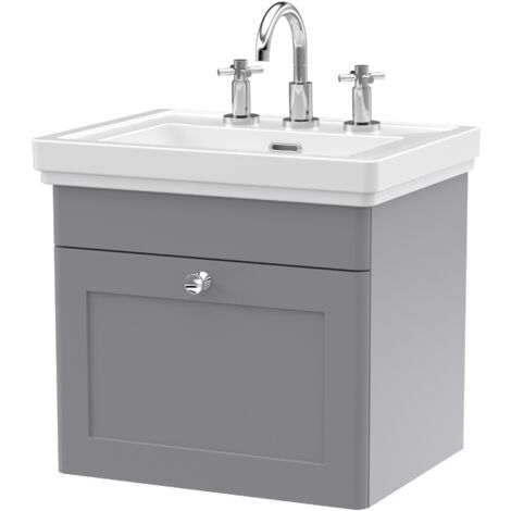 Nuie Classique Satin Grey 500mm Wall Hung Single Drawer Vanity Unit and Classic Fireclay Basin with 3 Tap Holes - CLC291B
