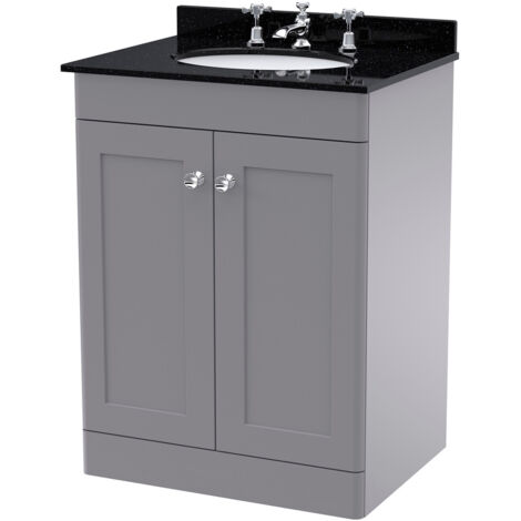 Nuie Classique Satin Grey 600mm 2 Door Vanity Unit with Black Marble Countertop and Round Basin with 3 Tap Holes - CLC225BR3