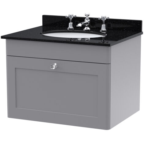 Nuie Classique Satin Grey 600mm Wall Hung Single Drawer Vanity Unit with Black Marble Countertop and Round Basin with 3 Tap Holes - CLC294BR3