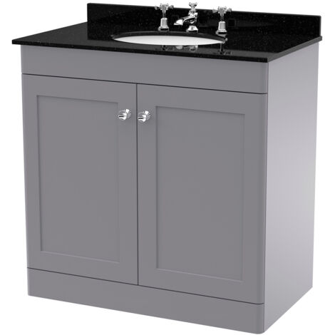 Nuie Classique Satin Grey 800mm 2 Door Vanity Unit with Black Marble Countertop and Round Basin with 3 Tap Holes - CLC226BR3