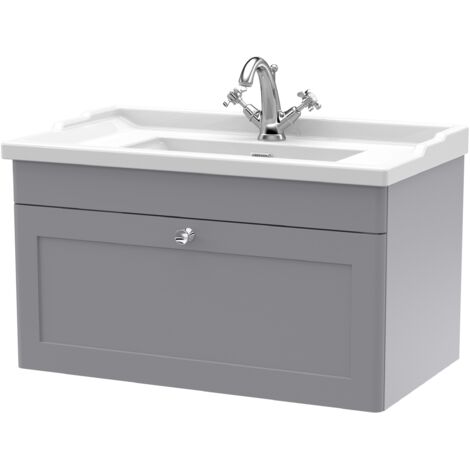 Nuie Classique Satin Grey 800mm Wall Hung Single Drawer Vanity Unit and 35mm Profile Traditional Basin - CLC296F