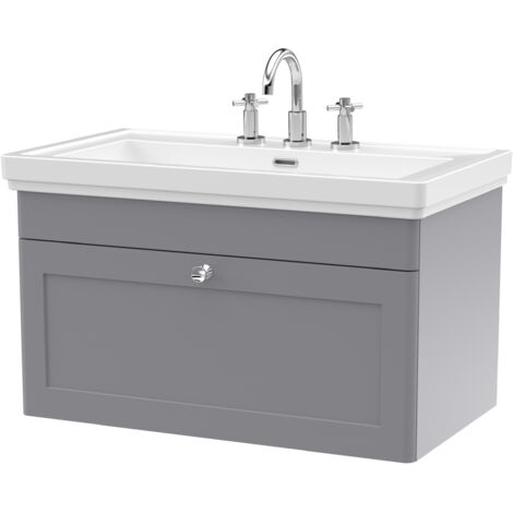 Nuie Classique Satin Grey 800mm Wall Hung Single Drawer Vanity Unit and Classic Fireclay Basin with 3 Tap Holes - CLC296B
