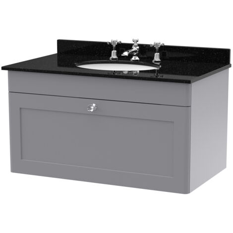 Nuie Classique Satin Grey 800mm Wall Hung Single Drawer Vanity Unit with Black Marble Countertop and Round Basin with 3 Tap Holes - CLC296BR3