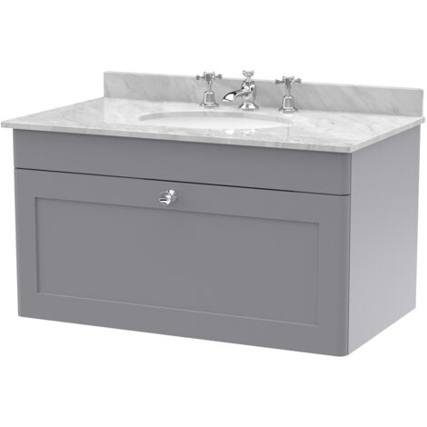 Nuie Classique Satin Grey 800mm Wall Hung Single Drawer Vanity Unit with Grey Marble Countertop and Round Basin with 3 Tap Holes - CLC296GR3