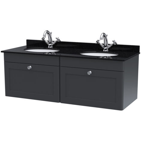 Nuie Classique Satin Soft Black 1200mm Wall Hung 2 Drawer Vanity Unit with Black Marble Countertop and 2 Round Basins with 2 Tap Holes - CLC1494BR2