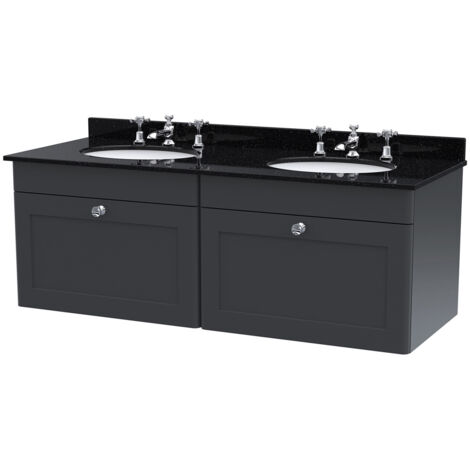 Nuie Classique Satin Soft Black 1200mm Wall Hung 2 Drawer Vanity Unit with Black Marble Countertop and 2 Round Basins with 6 Tap Holes - CLC1494BR6