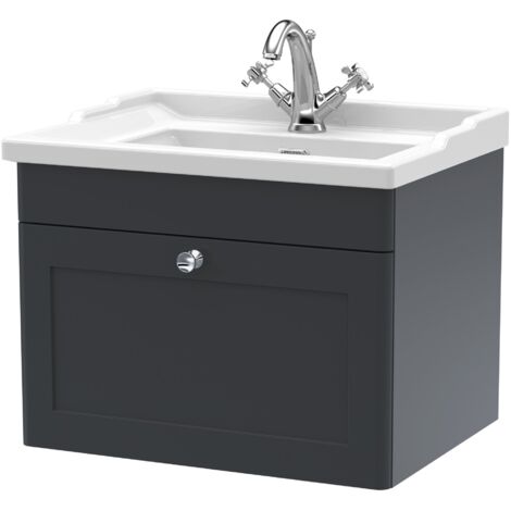 Nuie Classique Satin Soft Black 600mm Wall Hung Single Drawer Vanity Unit and 35mm Profile Traditional Basin - CLC1494F