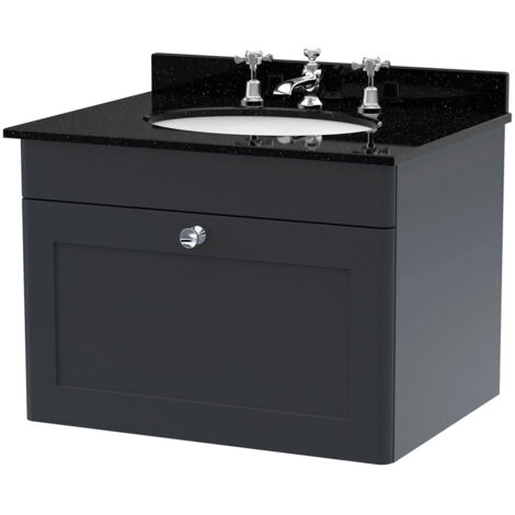 Nuie Classique Satin Soft Black 600mm Wall Hung Single Drawer Vanity Unit with Black Marble Countertop and Round Basin with 3 Tap Holes - CLC1494BR3