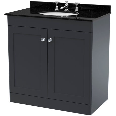 Nuie Classique Satin Soft Black 800mm 2 Door Vanity Unit with Black Marble Countertop and Round Basin with 3 Tap Holes - CLC1426BR3