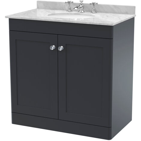 Nuie Classique Satin Soft Black 800mm 2 Door Vanity Unit with Grey Marble Countertop and Round Basin with 3 Tap Holes - CLC1426GR3