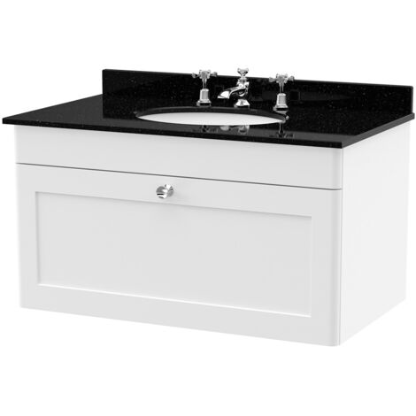 Nuie Classique Satin White 800mm Wall Hung Single Drawer Vanity Unit with Black Marble Countertop and Round Basin with 3 Tap Holes - CLC196BR3