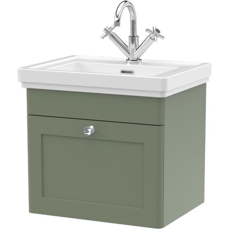 Nuie Classique Wall Hung 1-Drawer Vanity Unit with Basin 500mm Wide Satin Green - 1 Tap Hole