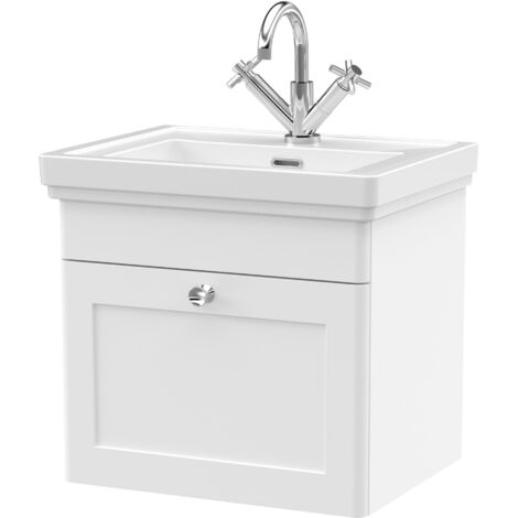 Nuie Classique Wall Hung 1-Drawer Vanity Unit with Basin 500mm Wide Satin White - 1 Tap Hole