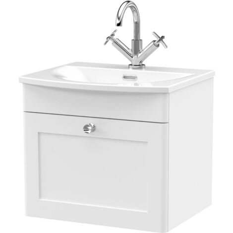 Nuie Classique Wall Hung 1-Drawer Vanity Unit with Curved Basin 500mm Wide - Satin White