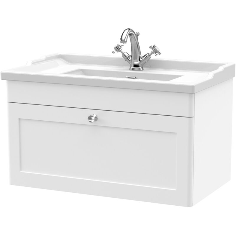 Nuie - Classique Wall Hung 1-Drawer Vanity Unit with Traditional Basin 800mm Wide Satin White - 1 Tap Hole