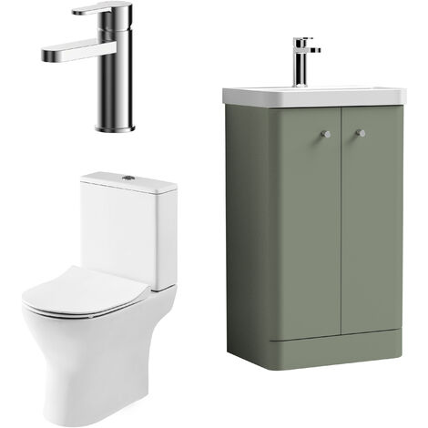 Nuie Core Cloakroom Set Floor Standing Vanity Unit Curve 500mm Basin Tap WC Satin Green