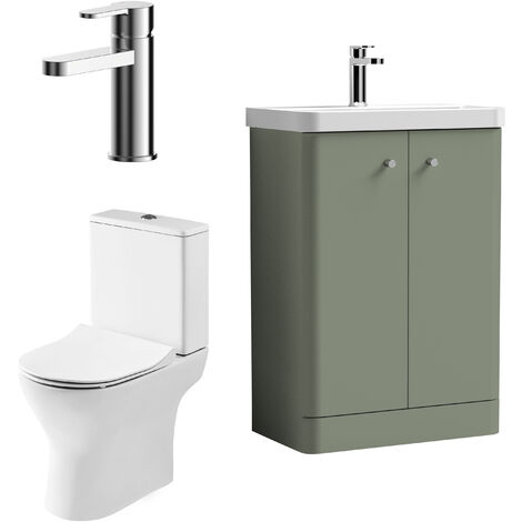 Nuie Core Cloakroom Set Floor Standing Vanity Unit Curve 600mm Basin Tap WC Satin Green