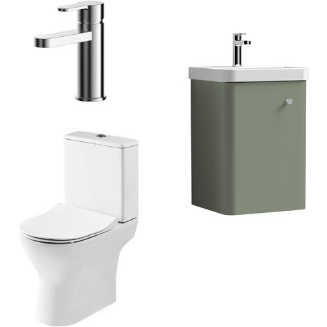 Nuie Core Cloakroom Set Wall Hung Vanity Unit Curve 400mm Basin Tap WC Satin Green