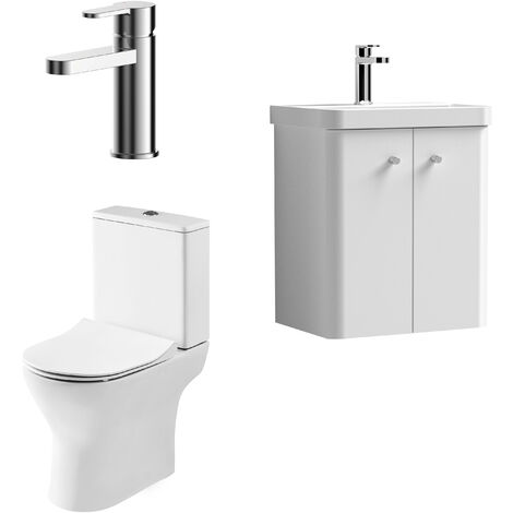 Nuie Core Cloakroom Set Wall Hung Vanity Unit Curve 500mm Basin Tap WC Satin White