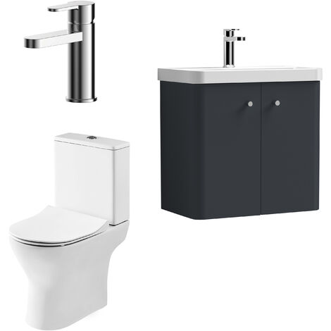 Nuie Core Cloakroom Set Wall Hung Vanity Unit Curve 600mm Basin Tap WC Satin Anthracite