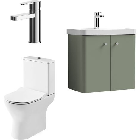Nuie Core Cloakroom Set Wall Hung Vanity Unit Curve 600mm Basin Tap WC Satin Green