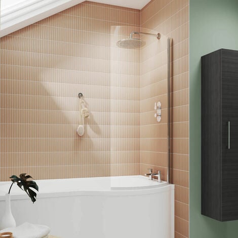 main image of "Nuie Curved P-Shaped Hinged Bath Screen 1433mm H x 715mm W - 6mm Glass"