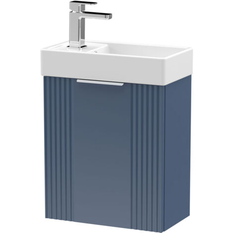 Nuie Deco Compact Satin Blue 400mm Wall Hung Single Door Vanity Unit with Basin - FLT390