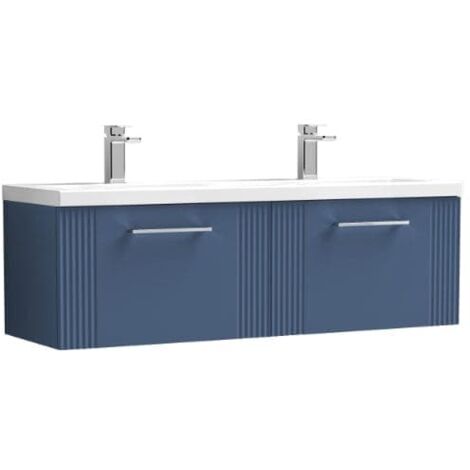 Nuie Deco Satin Blue 1200mm Wall Hung 2 Drawer Vanity Unit and Double Ceramic Basins - DPF394F