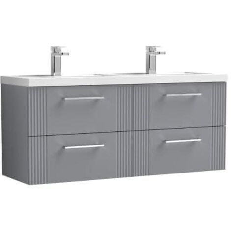 Nuie Deco Satin Grey 1200mm Wall Hung 4 Drawer Vanity Unit and Double Polymarble Basins - DPF293C
