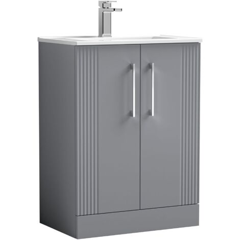 Nuie Deco Satin Grey 600mm 2 Door Vanity Unit and Minimalist Ceramic Basin - DPF225B