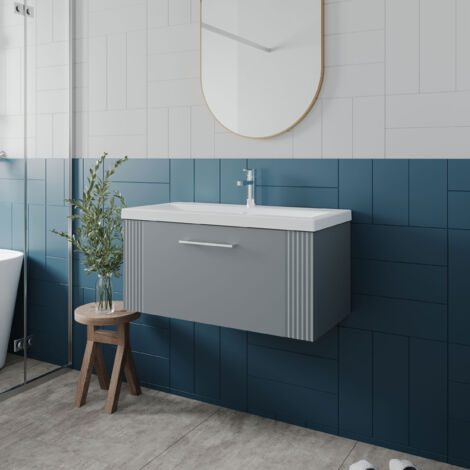 Nuie Deco Satin Grey 800mm Wall Hung Single Drawer Vanity Unit and Thin Edge Ceramic Basin - DPF296D
