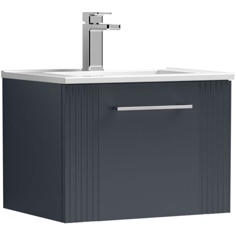 Nuie Deco Satin Soft Black 500mm Wall Hung Single Drawer Vanity Unit and Minimalist Ceramic Basin - DPF1491B