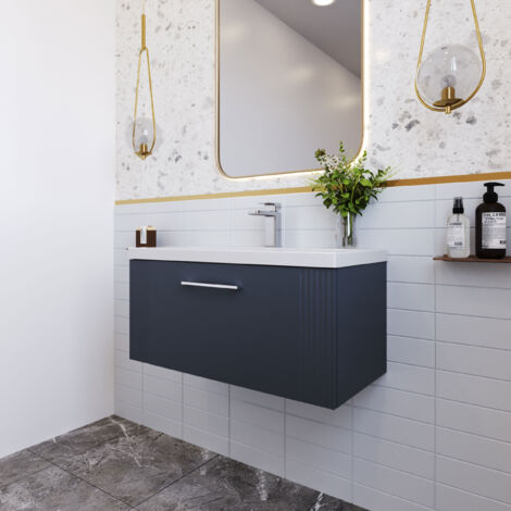 Nuie Deco Satin Soft Black 800mm Wall Hung Single Drawer Vanity Unit and Mid Edge Ceramic Basin - DPF1496A