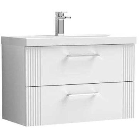 Nuie Deco Satin White 800mm Wall Hung 2 Drawer Vanity Unit and Thin Edge Ceramic Basin - DPF195D