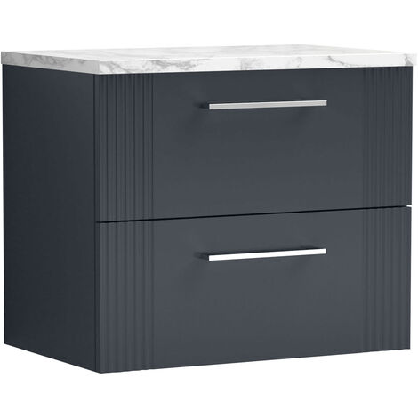 Nuie Deco Wall Hung 2-Drawer Vanity Unit with Carrera Marble Worktop 600mm Wide - Satin Anthracite
