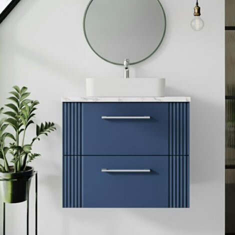 Nuie Deco Wall Hung 2-Drawer Vanity Unit with Carrera Marble Worktop 600mm Wide - Satin Blue