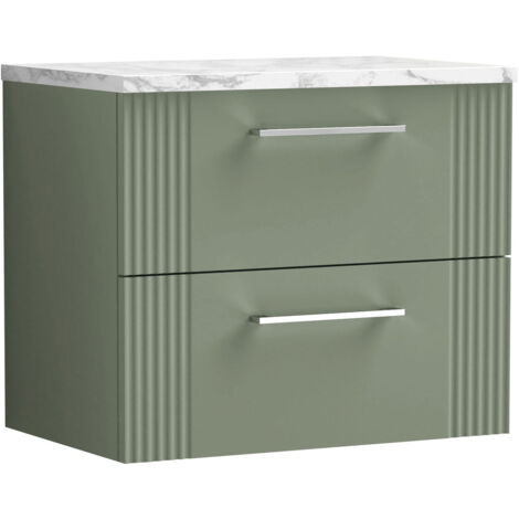 Nuie Deco Wall Hung 2-Drawer Vanity Unit with Carrera Marble Worktop 600mm Wide - Satin Green
