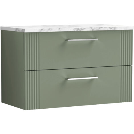 Nuie Deco Wall Hung 2-Drawer Vanity Unit with Carrera Marble Worktop 800mm Wide - Satin Green
