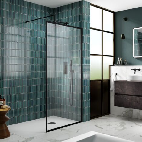 Nuie Full Outer Framed Wetroom Screen 800mm W x 1850mm H with Support Bar 8mm Glass - Matt Black