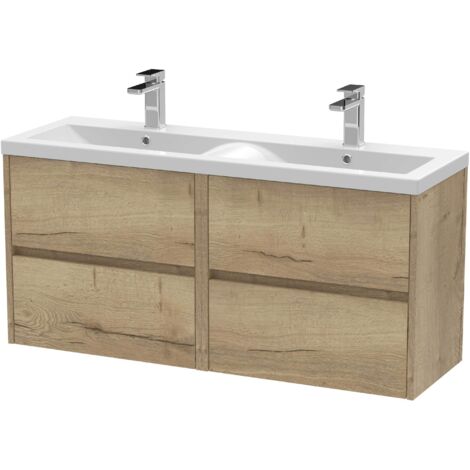 Nuie Havana Autumn Oak Woodgrain 1200mm Wall Hung 4 Drawer Vanity Unit with Double Ceramic Basins - HAV804F