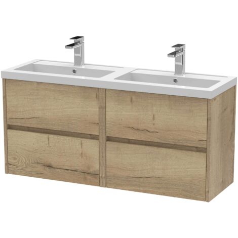 Nuie Havana Autumn Oak Woodgrain 1200mm Wall Hung 4 Drawer Vanity Unit with Double Poylymarble Basins - HAV804C