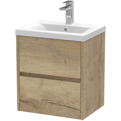 Nuie Havana Autumn Oak Woodgrain 500mm Wall Hung 2 Drawer Vanity Unit and Mid Edge Ceramic Basin - HAV802A