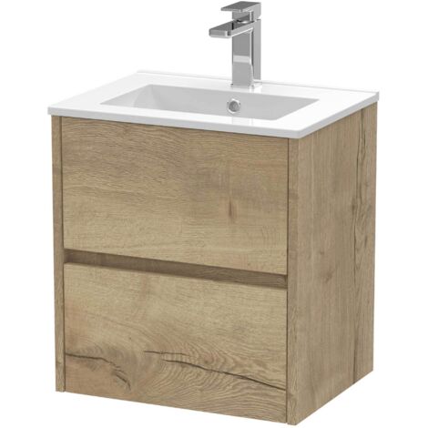 Nuie Havana Autumn Oak Woodgrain 500mm Wall Hung 2 Drawer Vanity Unit and Minimalist Ceramic Basin - HAV802B