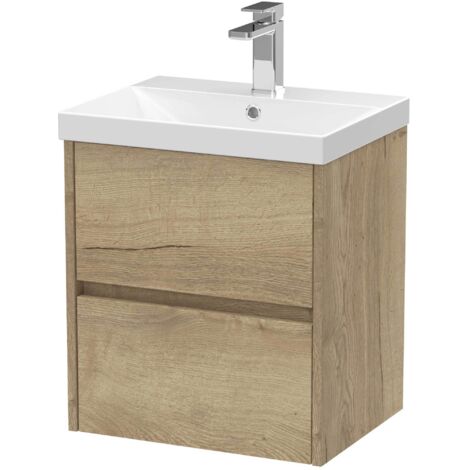 Nuie Havana Autumn Oak Woodgrain 500mm Wall Hung 2 Drawer Vanity Unit and Thin Edge Ceramic Basin - HAV802D