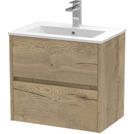 Nuie Havana Autumn Oak Woodgrain 600mm Wall Hung 2 Drawer Vanity Unit and Minimalist Ceramic Basin - HAV804B
