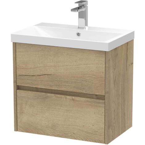 Nuie Havana Autumn Oak Woodgrain 600mm Wall Hung 2 Drawer Vanity Unit and Thin Edge Ceramic Basin - HAV804D