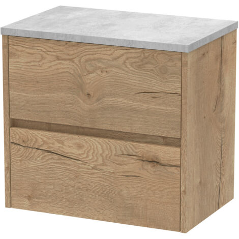 Nuie Havana Autumn Oak Woodgrain 600mm Wall Hung 2 Drawer Vanity Unit with Bellato Grey Worktop - HAV804LBG